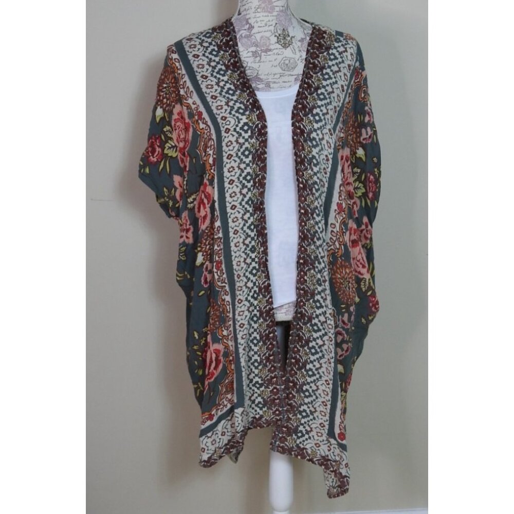 Angie Boho Floral Kimono Cardigan Duster Green Pink Medium Flowy - Picture 3 of 4